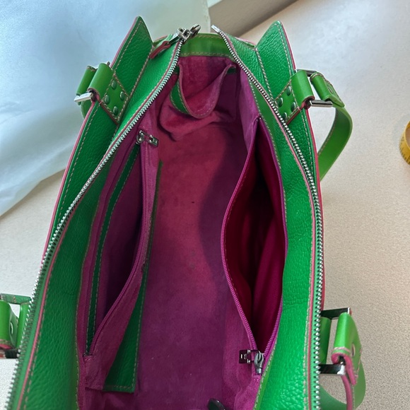 Lambertson Truex handbag bright green leather with hot pink suede lining - Picture 6 of 15